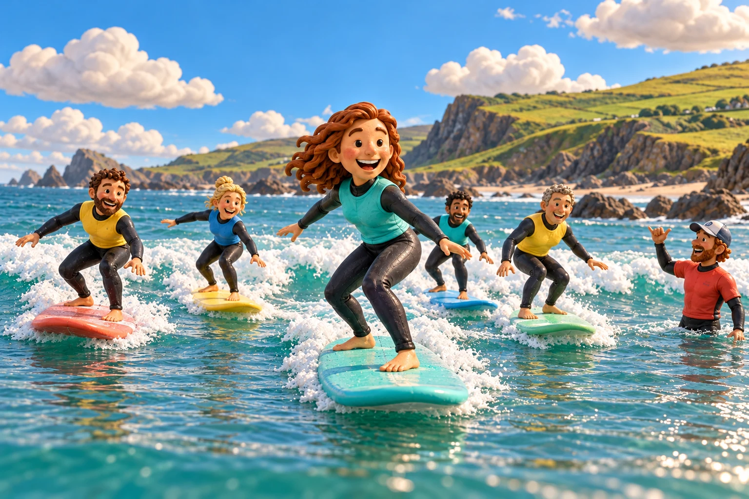Playful clay illustration of friends catching waves on colourful boards on Ireland’s Atlantic coast.